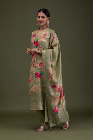 Pista Green Printed Semi Crepe Readymade Salwar Suit