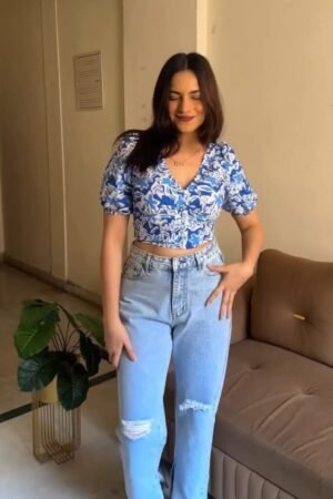 Blue Floral Print Crop Top