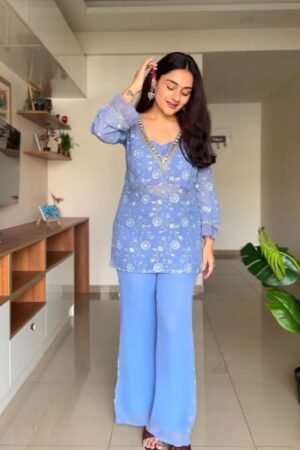 Sky Blue Embroidered Kurta with Palazzos