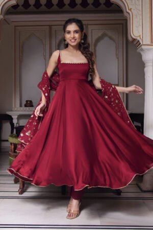 Solid Anarkali Kurta with Trousers & Dupatta