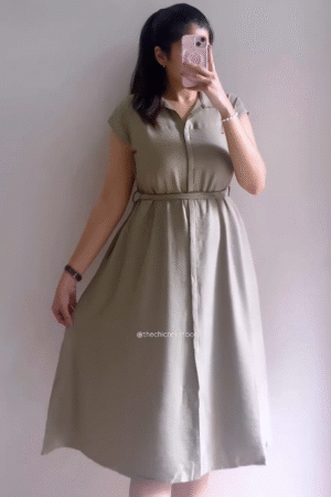 Olive Green Button-Down Midi Dress with Waist Tie