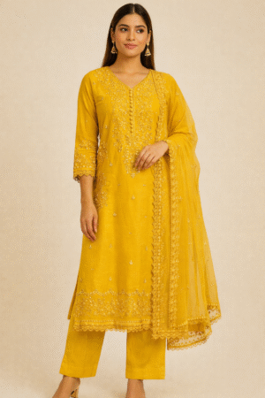 Mustard Yellow Embroidered Kurta Pant Set