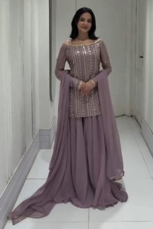 Dusty Mauve Embroidered Kurta Sharara Set with Dupatta