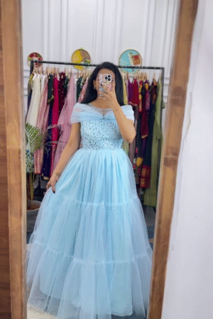 Powder Blue Embellished Tulle Gown