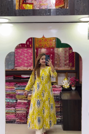 Sunshine Yellow Ikat-Inspired Printed A-Line Kurta for Women
