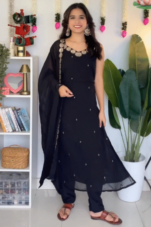 Black Embellished Kurta Set for Women – Sleeveless Kurti with Dupatta & Straight Pants