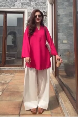 Women’s Pink Solid Kurti with White Palazzo Pants