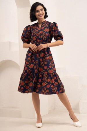 Women Floral Printed Puff Sleeve Crepe Drop-Waist Midi Dress