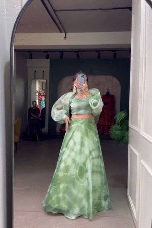 Women’s Tie-Dye Organza Lehenga Set with Puff Sleeve Crop Top