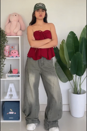 Red Strapless Peplum Top with Cargo Jeans – Trendy Street Style Outfit