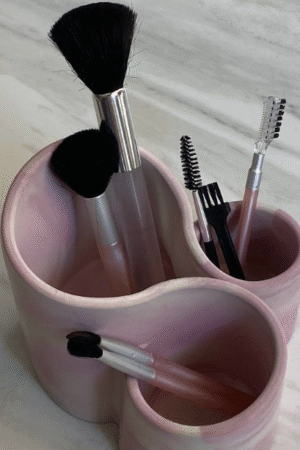 Pastel Pink Ceramic Makeup Brush Holder with Divided Compartments