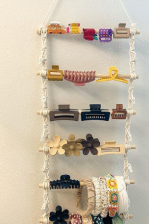 Macramé Wall Hanging Hair Accessory Organizer with Wooden Dowels