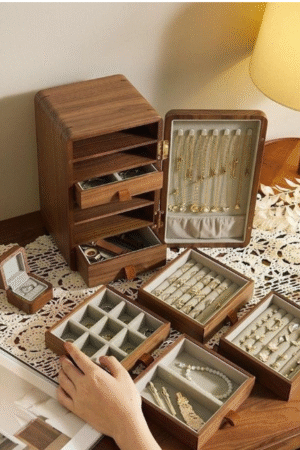 Walnut Wooden Jewelry Box Organizer Set with Multiple Drawers and Trays