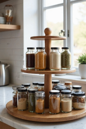 Two-Tier Wooden Lazy Susan Spice Jar Organizer