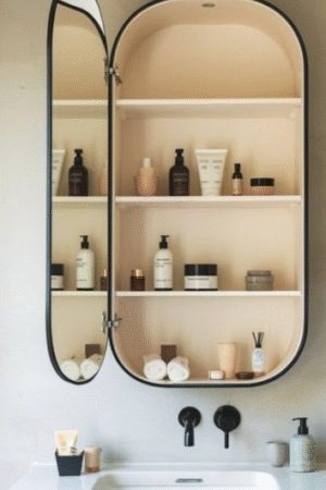 Oval Wall-Mounted Mirror Cabinet with Open Shelves