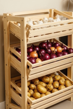 3-Tier Wooden Vegetable Storage Rack with Crates