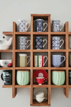 Wall-Mounted Wooden Mug Display Rack