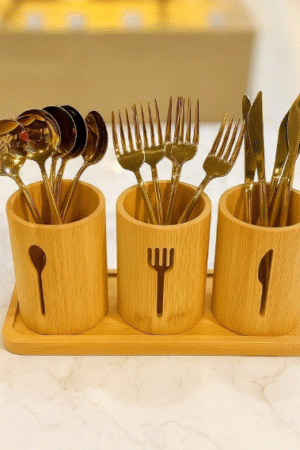Bamboo Utensil Holder Set with Spoon, Fork, Knife Icons