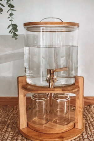 Rustic Bamboo & Glass Beverage Dispenser with Cup Tray