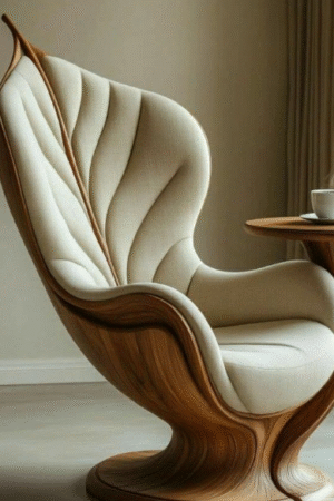 Leaf-Shaped Wooden Sculptural Accent Chair