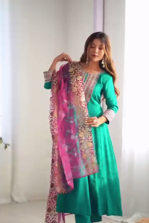 Emerald Elegance with Floral Dupatta