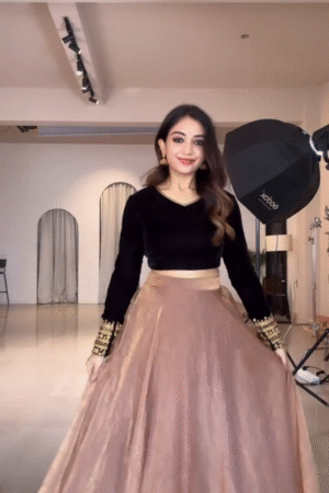 Black Velvet Crop Top with Blush Pink Flared Lehenga Skirt – Festive & Party Wear Set