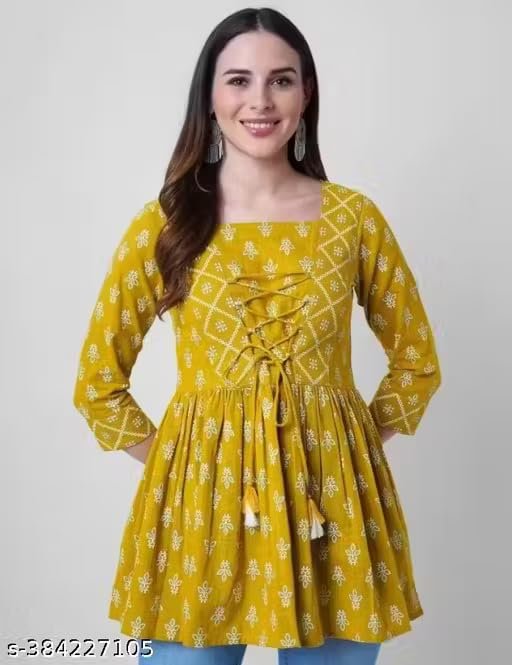 Women’s Boho Printed Peplum Top | Mustard Floral Casual Blouse with Puff Sleeves - Image 5