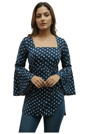 Women’s Printed Blue Kurti Top | Stylish Square Neck Casual Kurti for Women