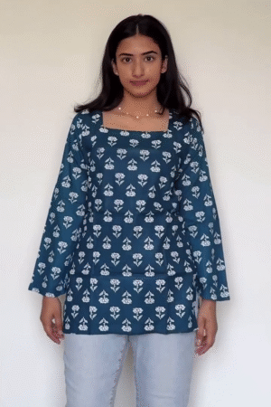 Women’s Printed Blue Kurti Top | Stylish Square Neck Casual Kurti for Women