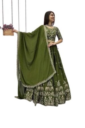 Women's Olive Green Embroidered Lehenga Choli Set with Dupatta | Traditional Wedding & Festive Ethnic Wear