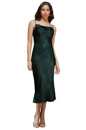Emerald Green Satin Midi Dress for Women | Elegant Cowl Neck Party Wear Slip Dress