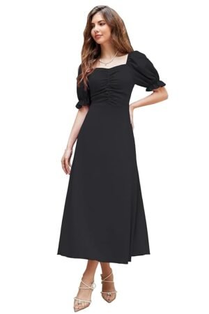 Black Square Neck Midi Dress for Women | Elegant Puff Sleeve Casual & Party Wear Dress