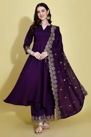 Royal Purple Embroidered Kurta Palazzo Set for Women with Dupatta | Designer Festive Ethnic Wear Suit