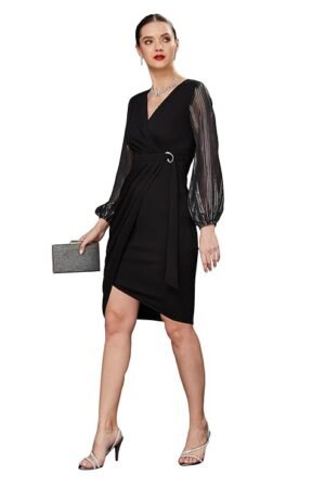 Black Wrap Dress for Women | Elegant V-Neck Party Wear Dress with Sheer Pleated Sleeves