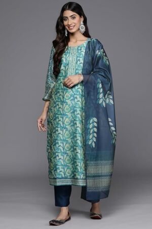 Teal Green Printed Kurta Pant Set for Women with Dupatta | Designer Ethnic Wear Suit Set