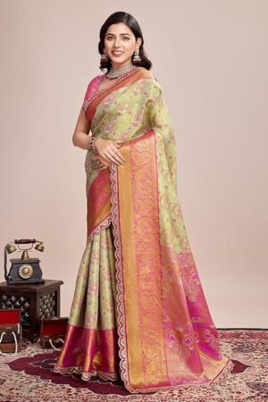 Light Green Banarasi Silk Saree for Women | Pink Zari Woven Wedding & Festive Wear Saree