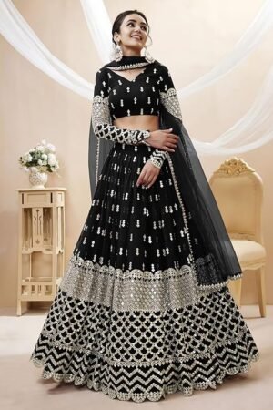 Women's Black Embroidered Lehenga Choli Set with Net Dupatta | Designer Wedding & Party Wear Ethnic Outfit