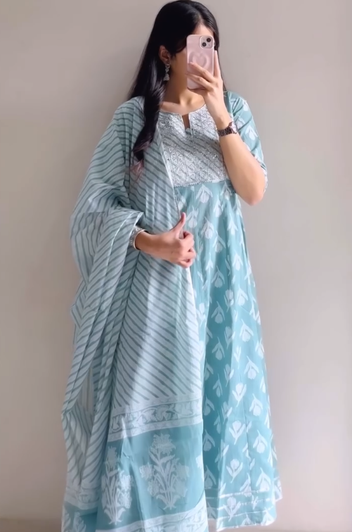 Women’s Sky Blue Printed Anarkali Kurta Set with Dupatta | Ethnic Cotton Blend Suit for Women | Festive & Casual Wear