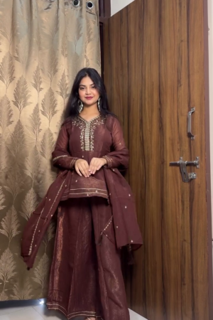 Brown Embroidered Kurta Palazzo Set for Women – Elegant Ethnic Suit with Dupatta